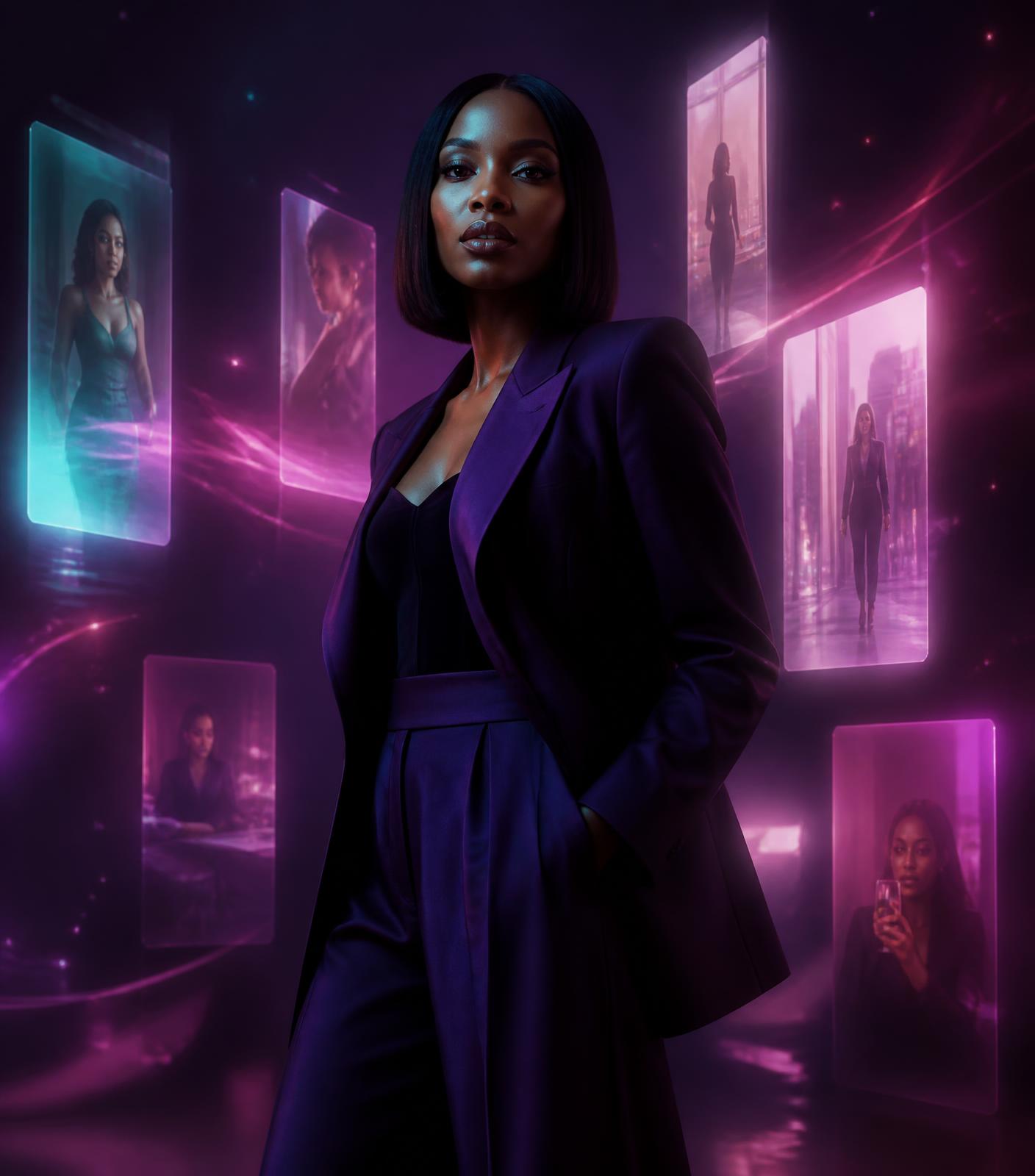 A confident woman entrepreneur standing among floating cinematic story screens